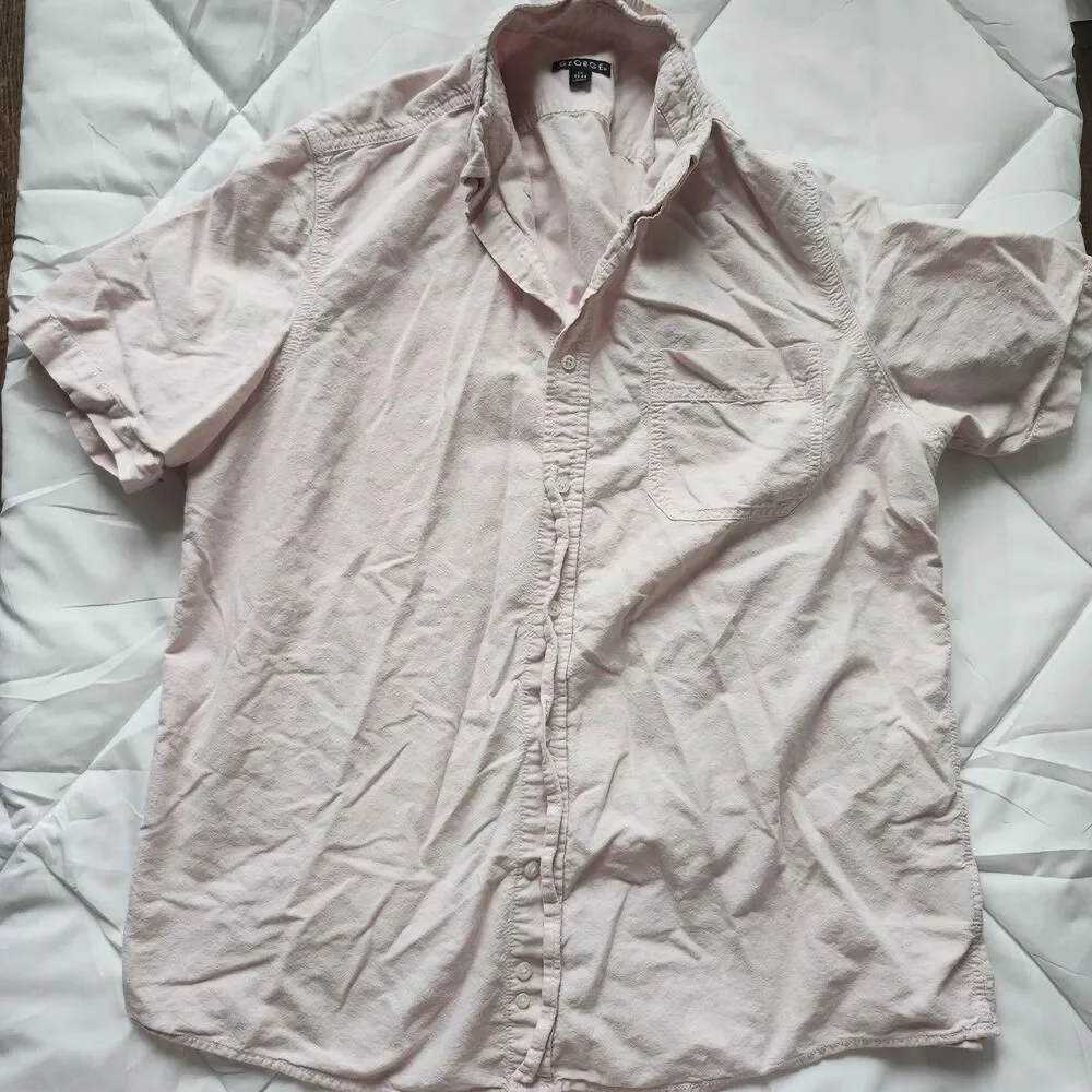 George Men's Light Pink Cotton Button Down Shirt Short Sleeve Size L